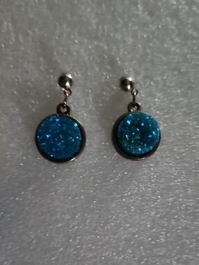 Hand Crafted Blue Druzy Drop Earrings with Silver Accents